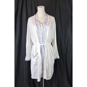 Eileen West Womens White Blue Embroidered 100% Cottom Night Gown Robe Set Small